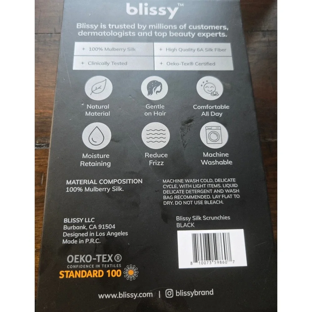 Blissy 100% Mulberry Silk Scrunchies Black 6-Pack 6A Grade Silk Set NEW